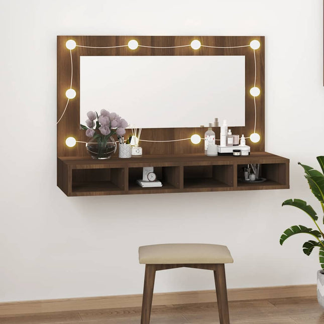 spejlskab med LED-lys 90x31,5x62 cm brun egetræsfarve
