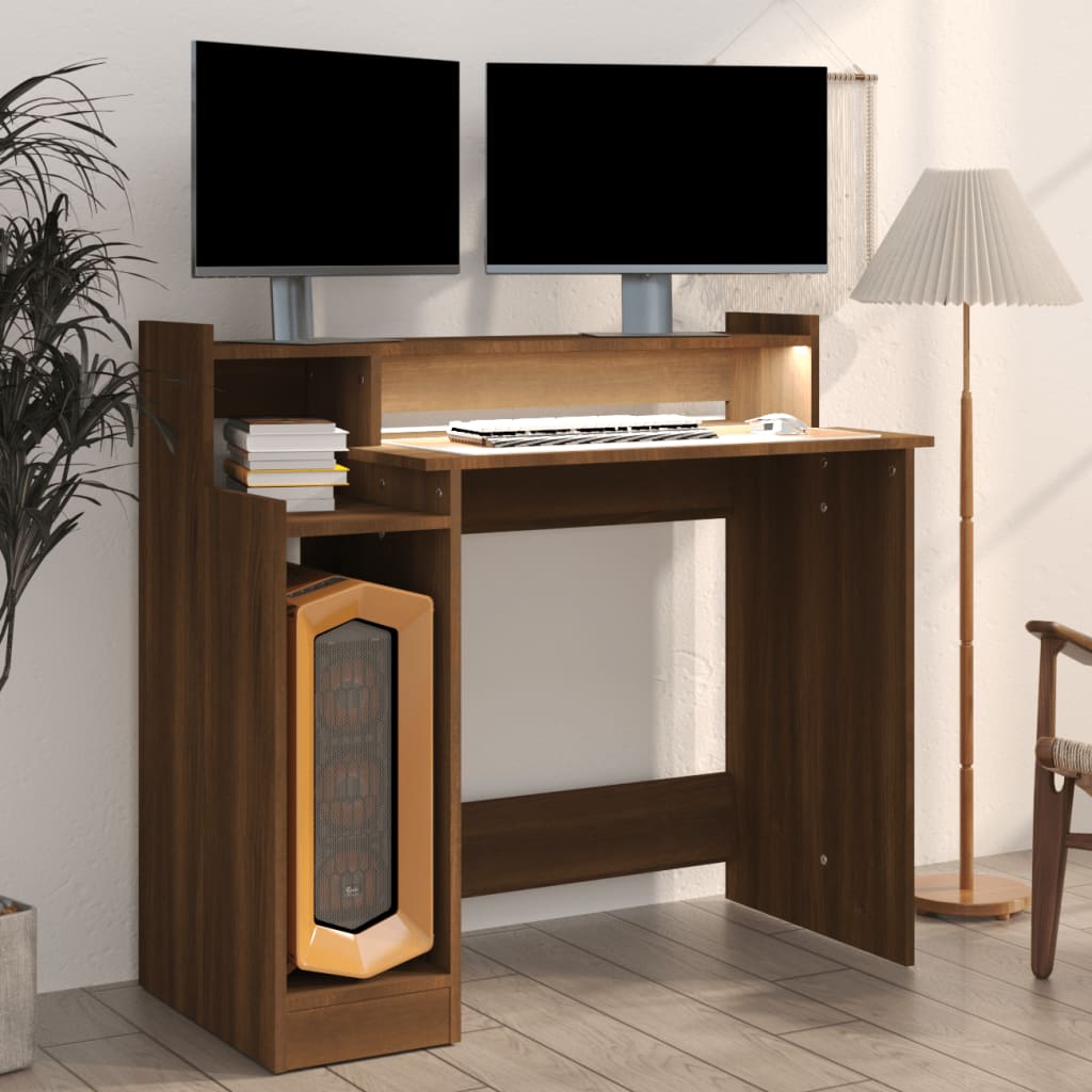 skrivebord med LED-lys 97x45x90 cm konstrueret træ brun eg