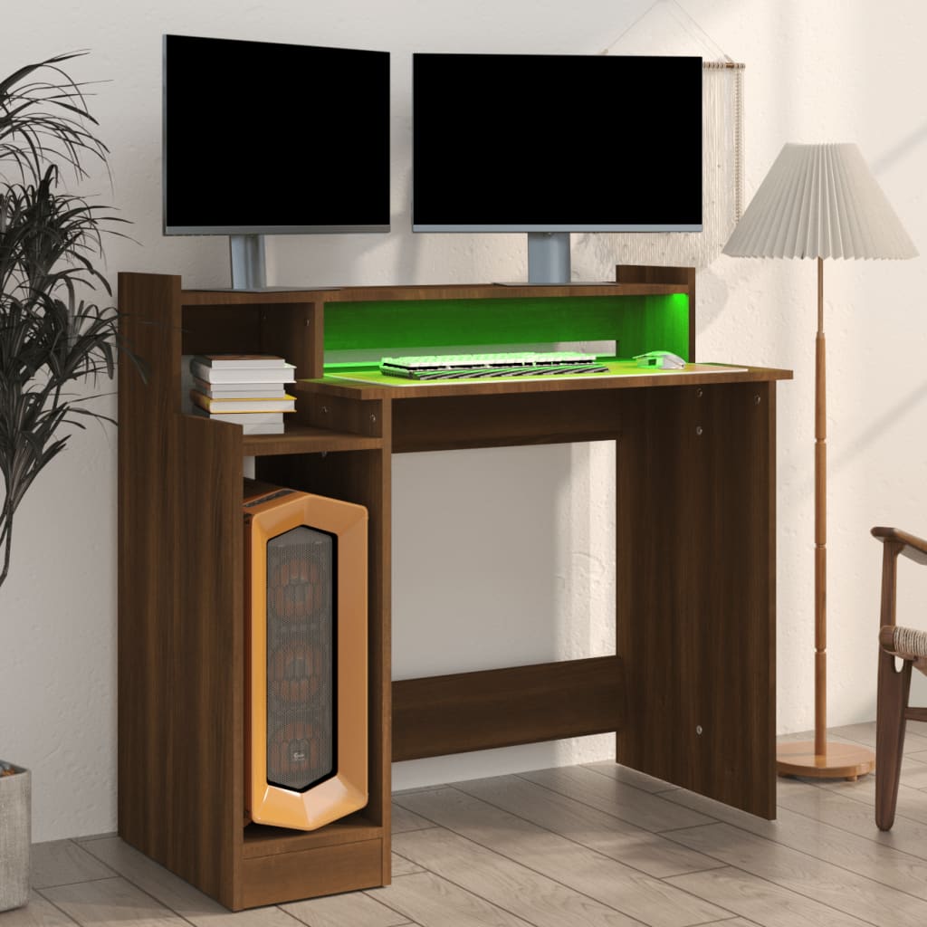skrivebord med LED-lys 97x45x90 cm konstrueret træ brun eg