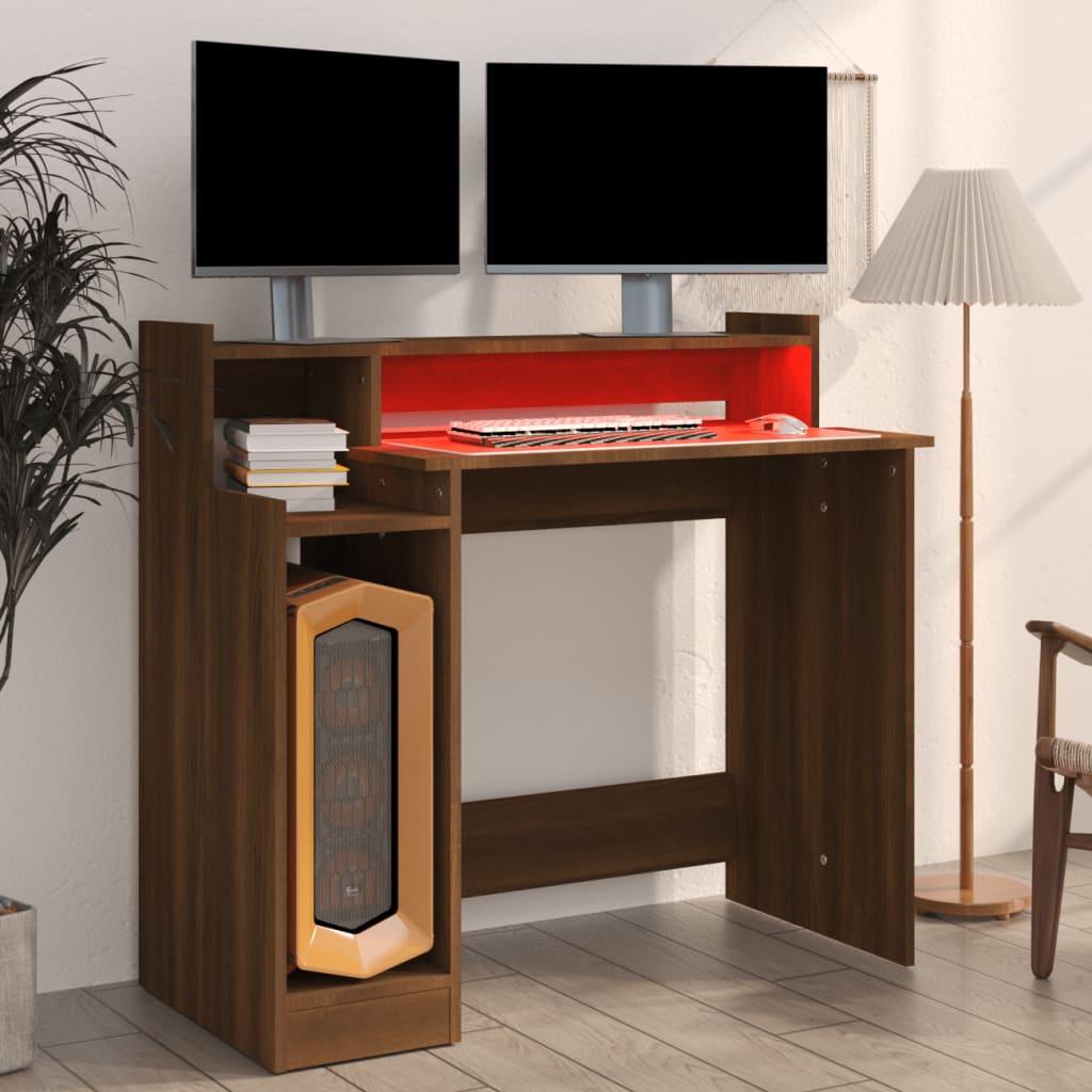 skrivebord med LED-lys 97x45x90 cm konstrueret træ brun eg