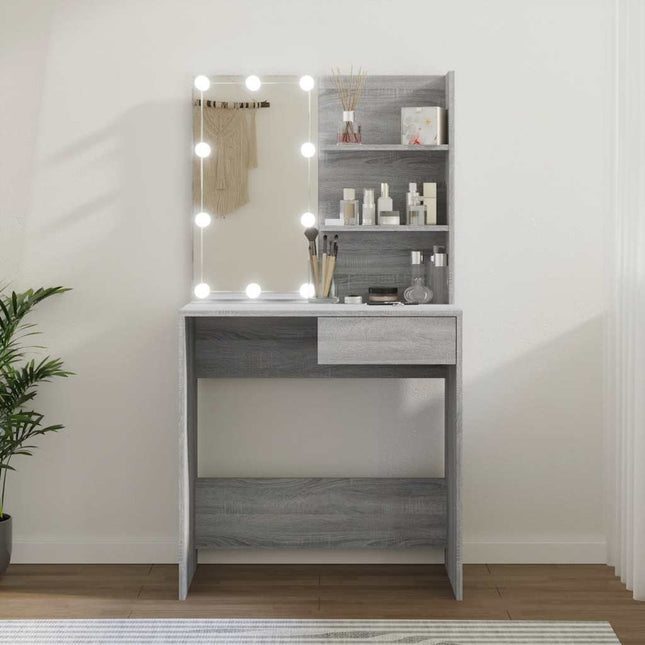 makeupbord med LED-lys 74,5x40x141 cm grå sonoma-eg