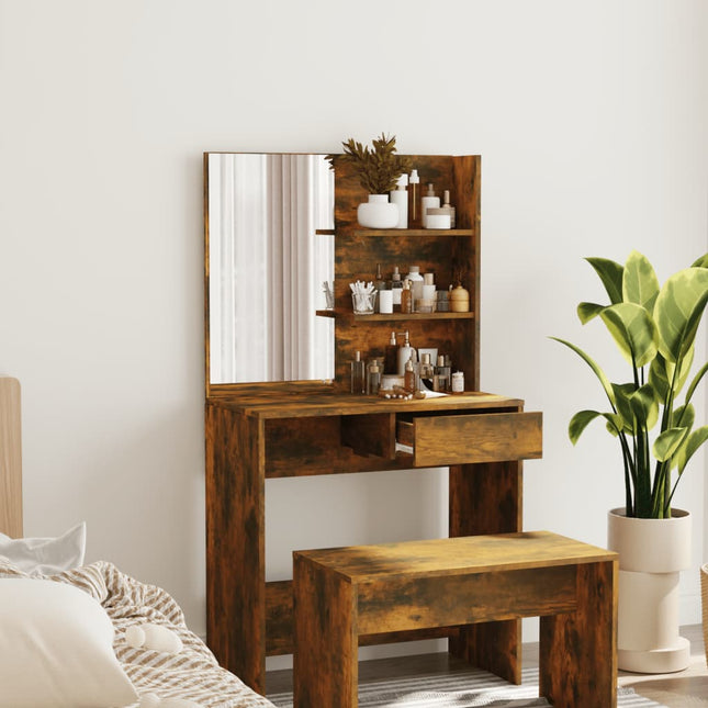 makeupbord med spejl 74,5x40x141 cm røget egetræsfarve