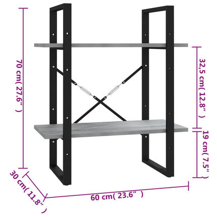 bogreol m. 2 hylder 60x30x70 cm konstrueret træ grå sonoma