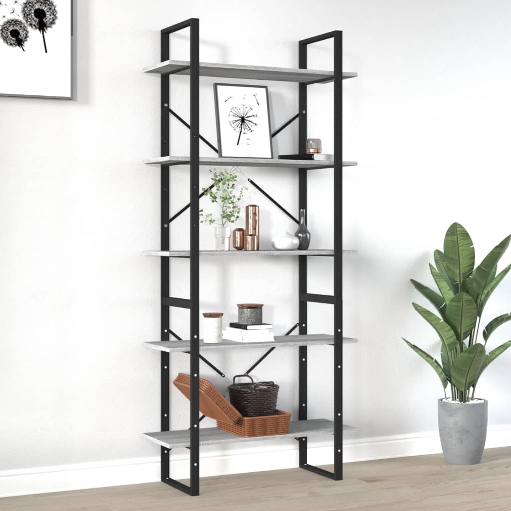 bogreol med 5 hylder 80x30x175 cm konstrueret træ grå sonoma-eg billede