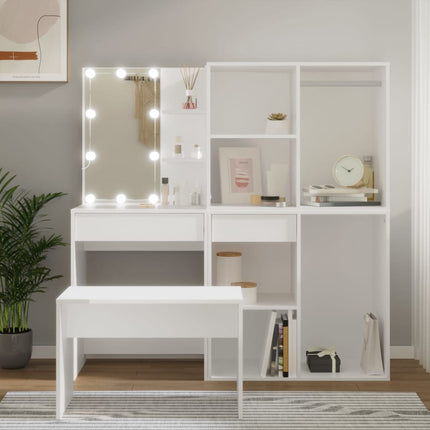 makeupbordssæt med LED-lys konstrueret træ hvid