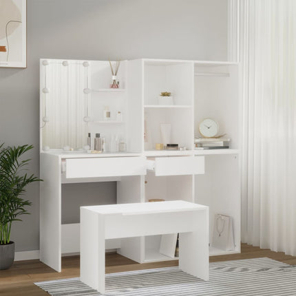 makeupbordssæt med LED-lys konstrueret træ hvid