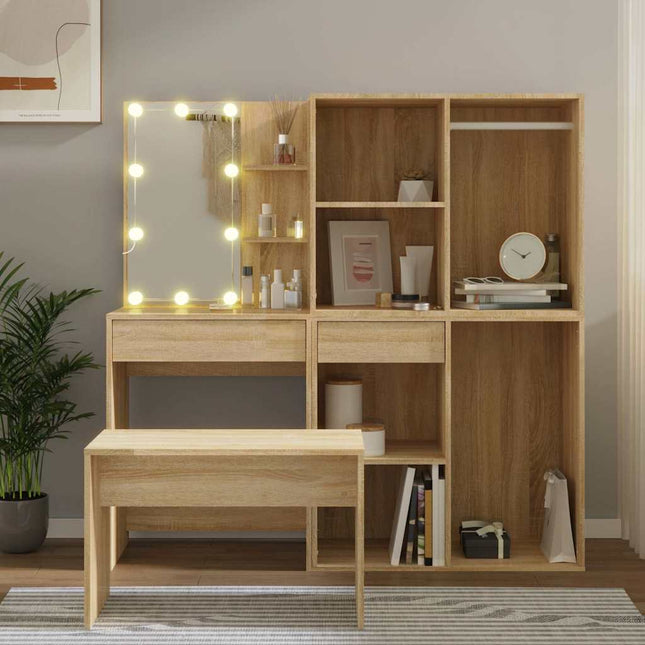 makeupbordssæt med LED-lys konstrueret træ sonoma-eg