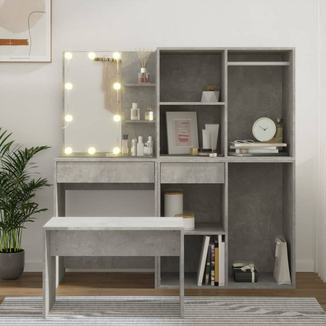 makeupbordssæt med LED-lys konstrueret træ betongrå