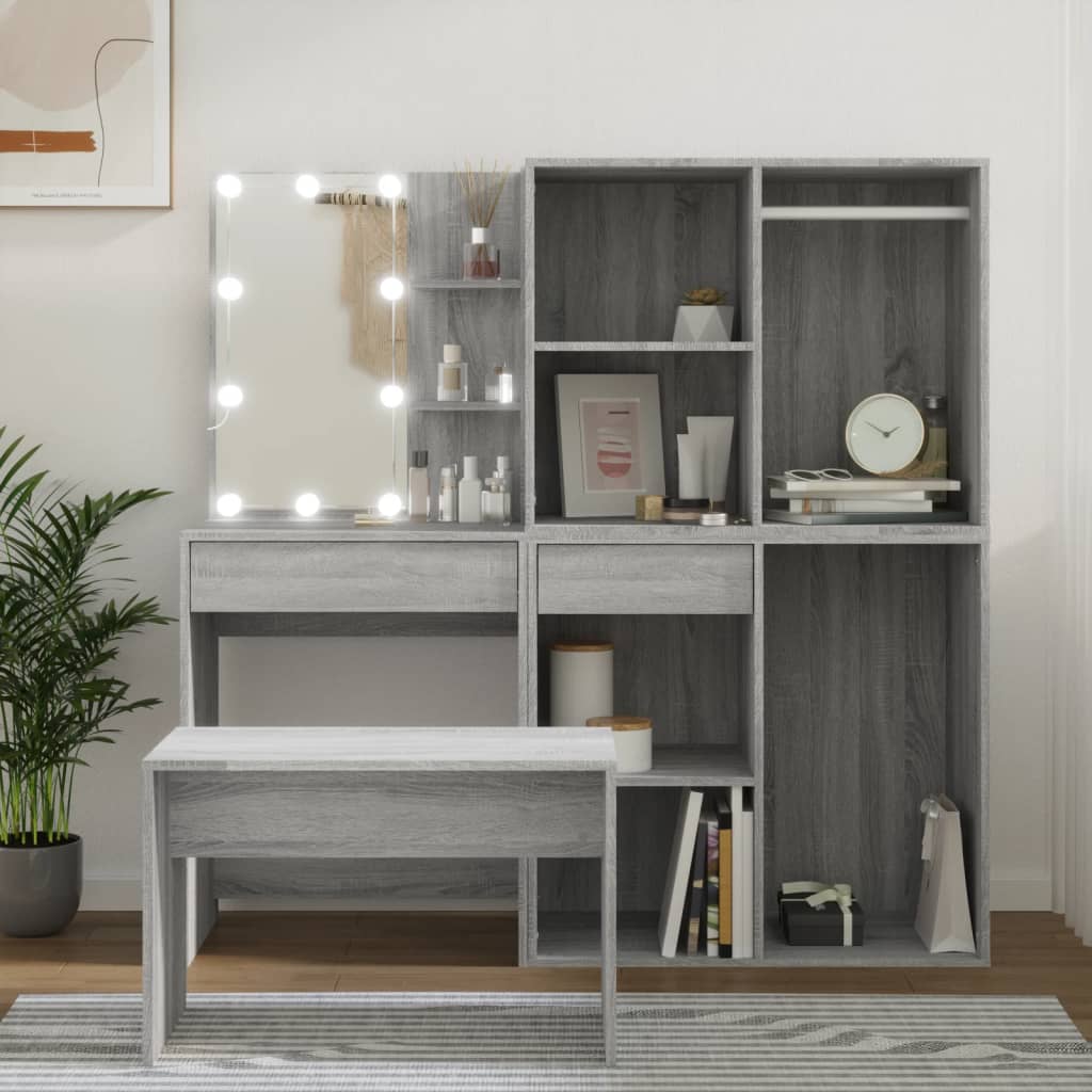 makeupbordssæt med LED-lys konstrueret træ grå sonoma-eg