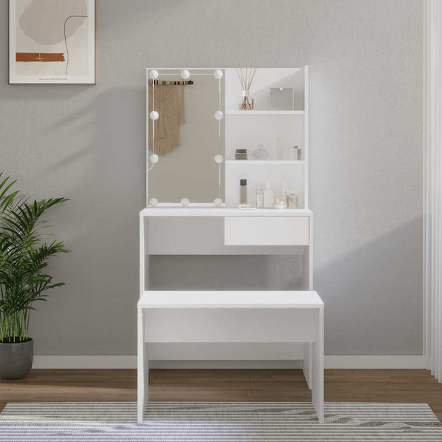 makeupbordssæt med LED-lys konstrueret træ hvid