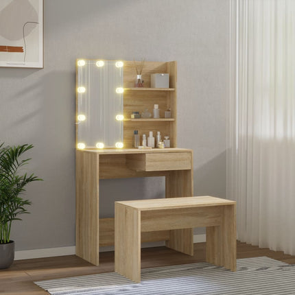 makeupbordssæt med LED-lys konstrueret træ sonoma-eg