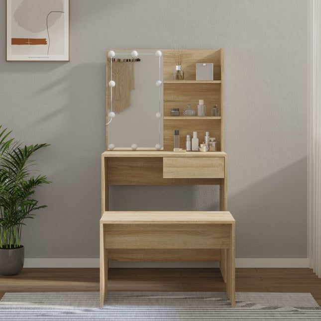 makeupbordssæt med LED-lys konstrueret træ sonoma-eg