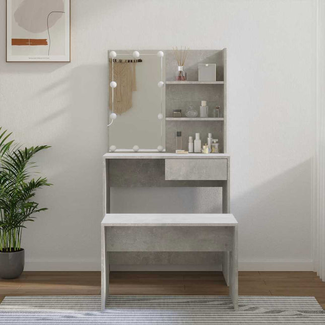 makeupbordssæt med LED-lys konstrueret træ betongrå