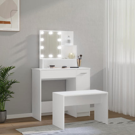 makeupbordssæt med LED-lys konstrueret træ hvid