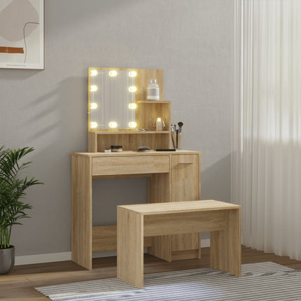 makeupbordssæt med LED-lys konstrueret træ sonoma-eg