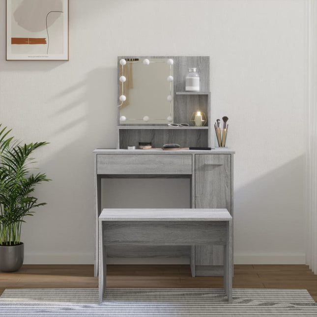 makeupbordssæt med LED-lys konstrueret træ grå sonoma-eg