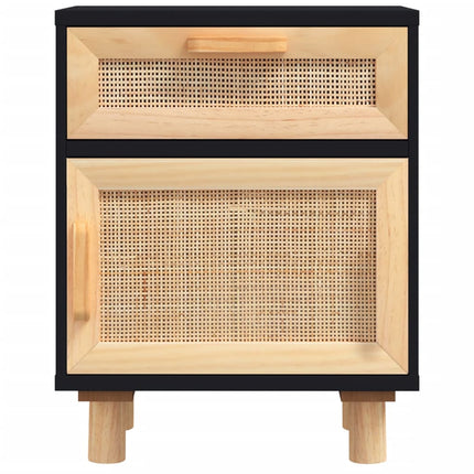 sengebord massivt fyrretræ og naturlig rattan sort