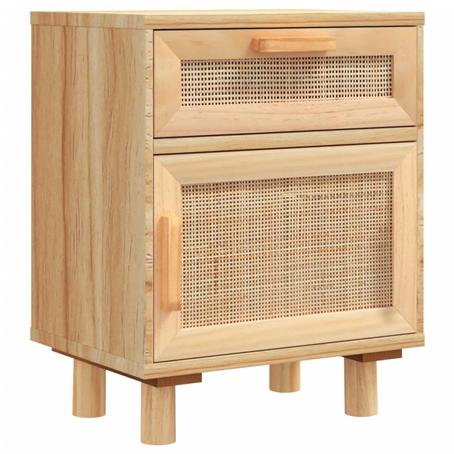 sengebord massivt fyrretræ og naturlig rattan brun
