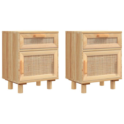 sengeborde 2 stk. massivt fyrretræ og naturlig rattan brun