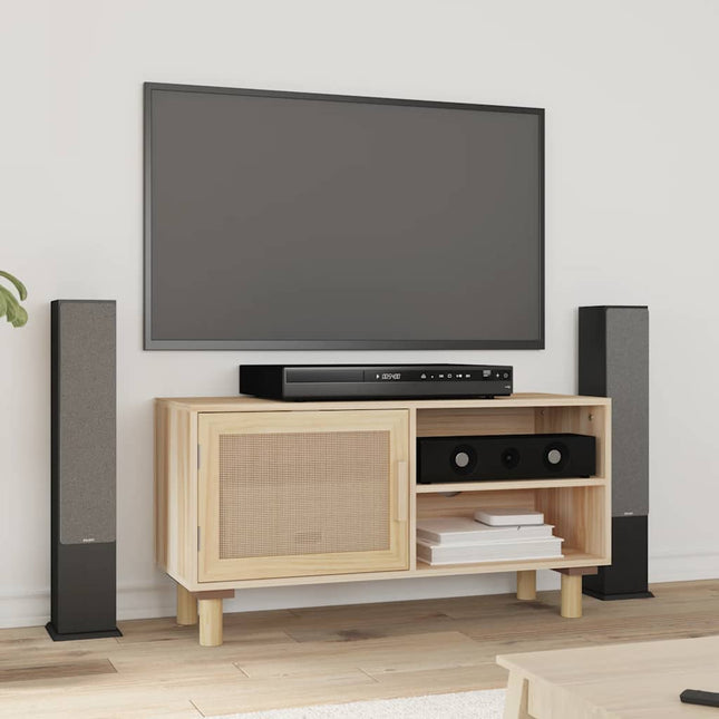 tv-bord 80x30x40 cm massivt fyrretræ og naturlig rattan brun