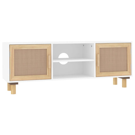 tv-bord 105x30x40 cm massivt fyrretræ og naturlig rattan hvid