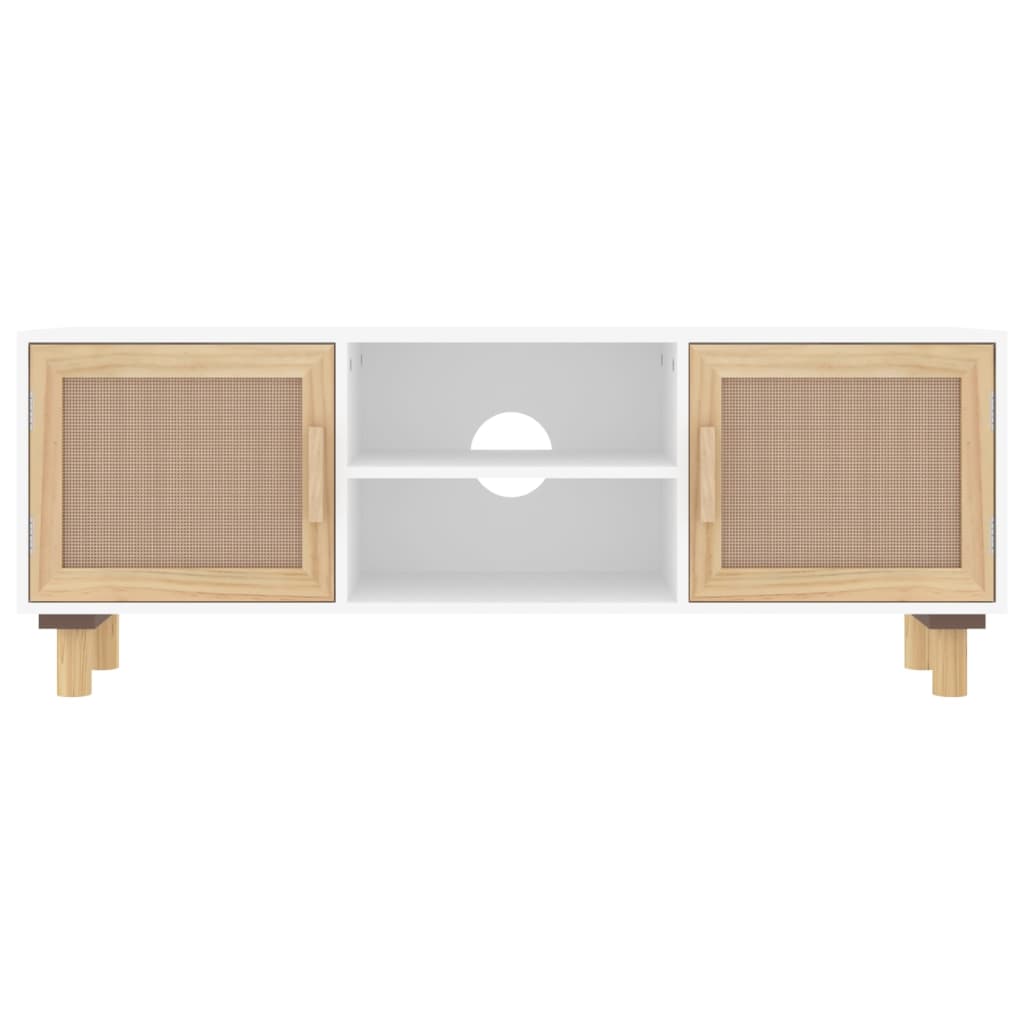 tv-bord 105x30x40 cm massivt fyrretræ og naturlig rattan hvid