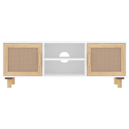 tv-bord 105x30x40 cm massivt fyrretræ og naturlig rattan hvid