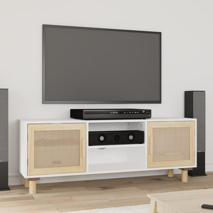 tv-bord 105x30x40 cm massivt fyrretræ og naturlig rattan hvid