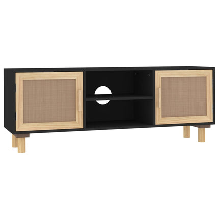 tv-bord 105x30x40 cm massivt fyrretræ og naturlig rattan sort
