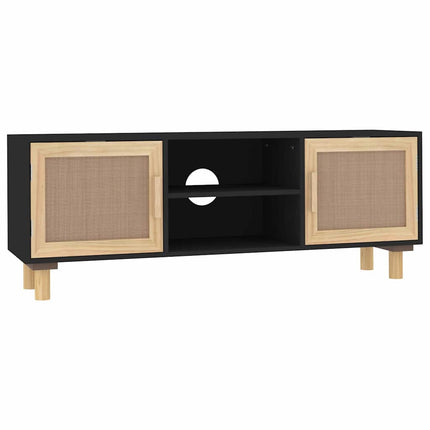 tv-bord 105x30x40 cm massivt fyrretræ og naturlig rattan sort