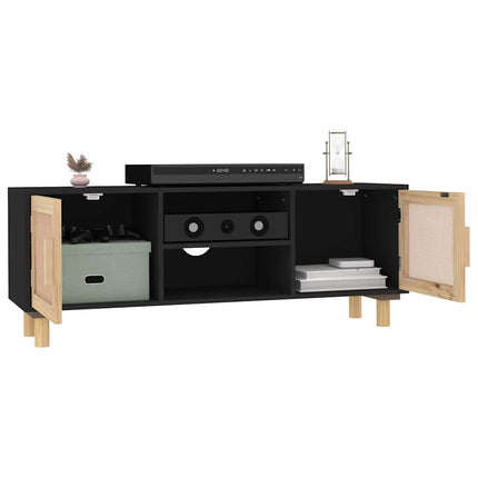 tv-bord 105x30x40 cm massivt fyrretræ og naturlig rattan sort