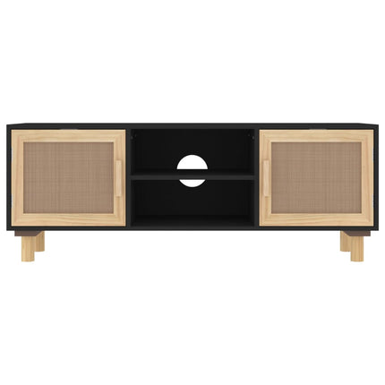 tv-bord 105x30x40 cm massivt fyrretræ og naturlig rattan sort