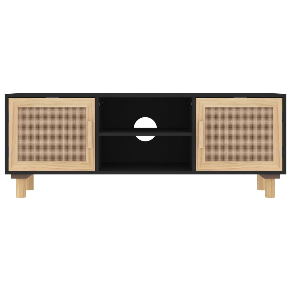 tv-bord 105x30x40 cm massivt fyrretræ og naturlig rattan sort
