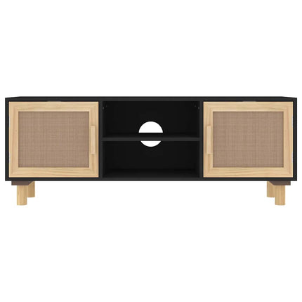 tv-bord 105x30x40 cm massivt fyrretræ og naturlig rattan sort