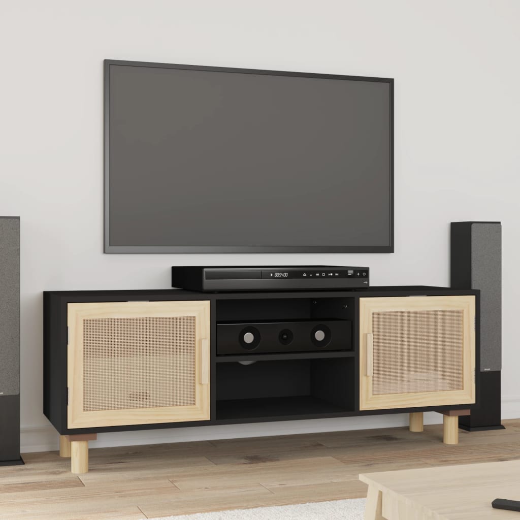 tv-bord 105x30x40 cm massivt fyrretræ og naturlig rattan sort