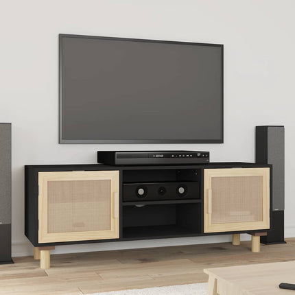 tv-bord 105x30x40 cm massivt fyrretræ og naturlig rattan sort