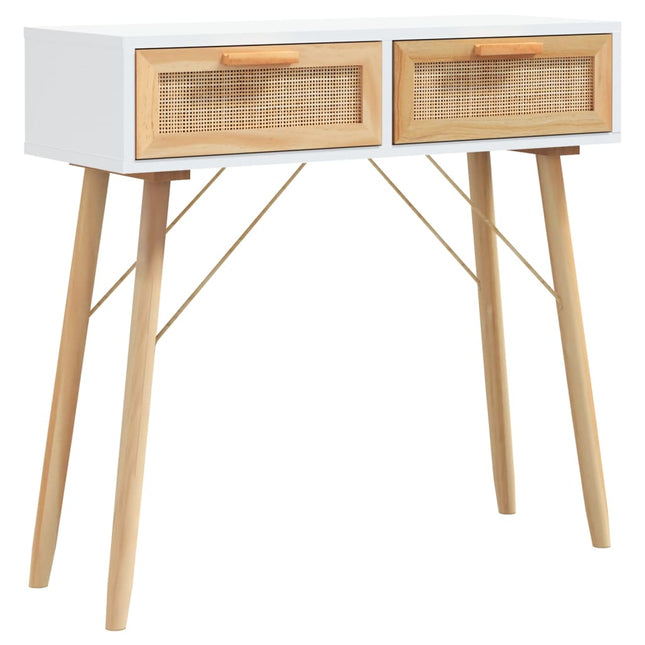 konsolbord 80x30x75 cm massivt fyrretræ og naturlig rattan hvid