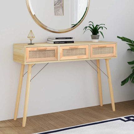 konsolbord 105x30x75 cm massivt fyrretræ naturlig rattan brun