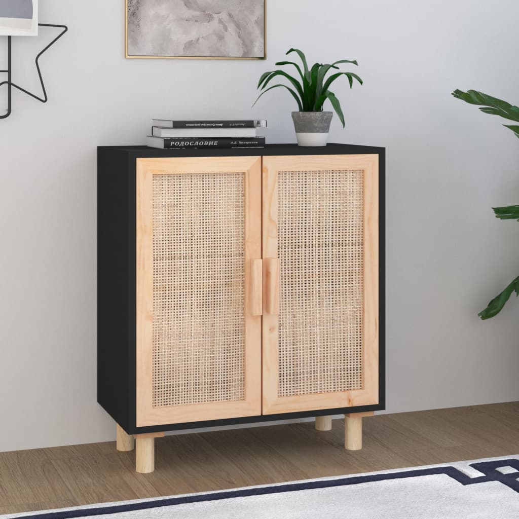 skænk 60x30x70 cm massivt fyrretræ og naturlig rattan sort
