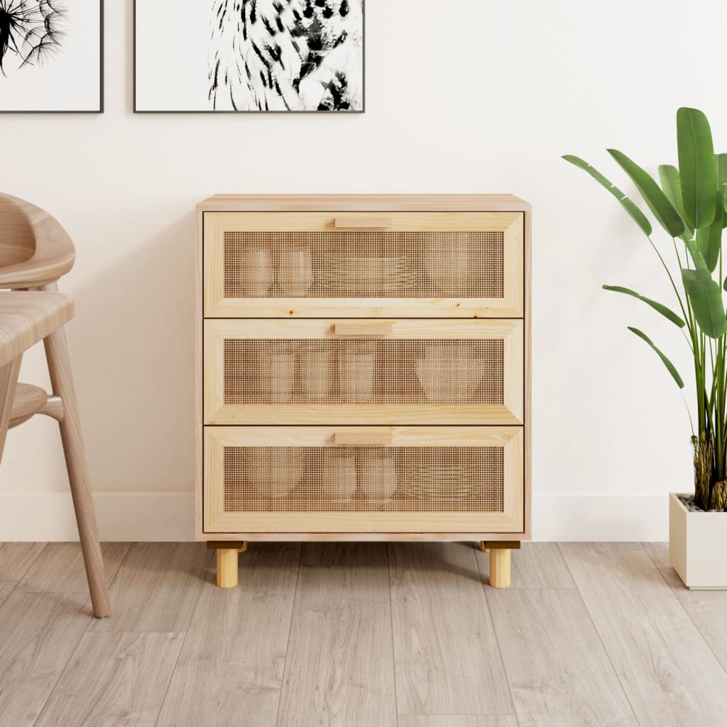 skænk 60x30x70 cm massivt fyrretræ og naturlig rattan brun