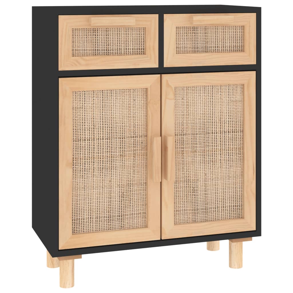 skænk 60x30x75 cm massivt fyrretræ og naturlig rattan sort