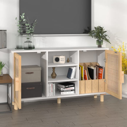 skænk 105x30x60 cm massivt fyrretræ og naturlig rattan hvid