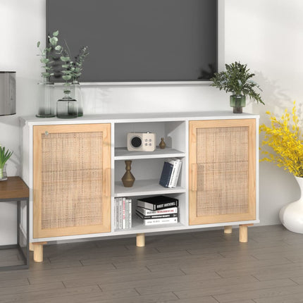 skænk 105x30x60 cm massivt fyrretræ og naturlig rattan hvid