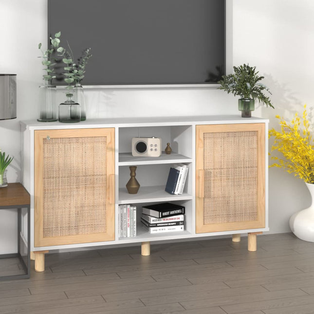 skænk 105x30x60 cm massivt fyrretræ og naturlig rattan hvid