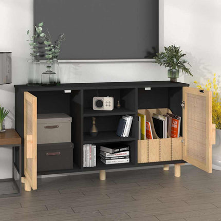 skænk 105x30x60 cm massivt fyrretræ og naturlig rattan sort