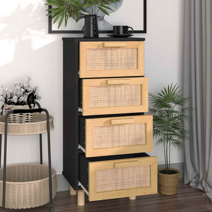 skænk 40x30x90 cm massivt fyrretræ og naturlig rattan sort