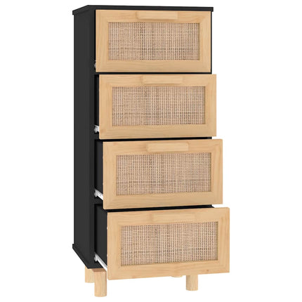 skænk 40x30x90 cm massivt fyrretræ og naturlig rattan sort