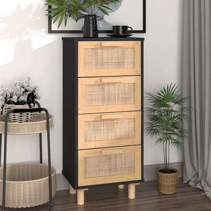 skænk 40x30x90 cm massivt fyrretræ og naturlig rattan sort