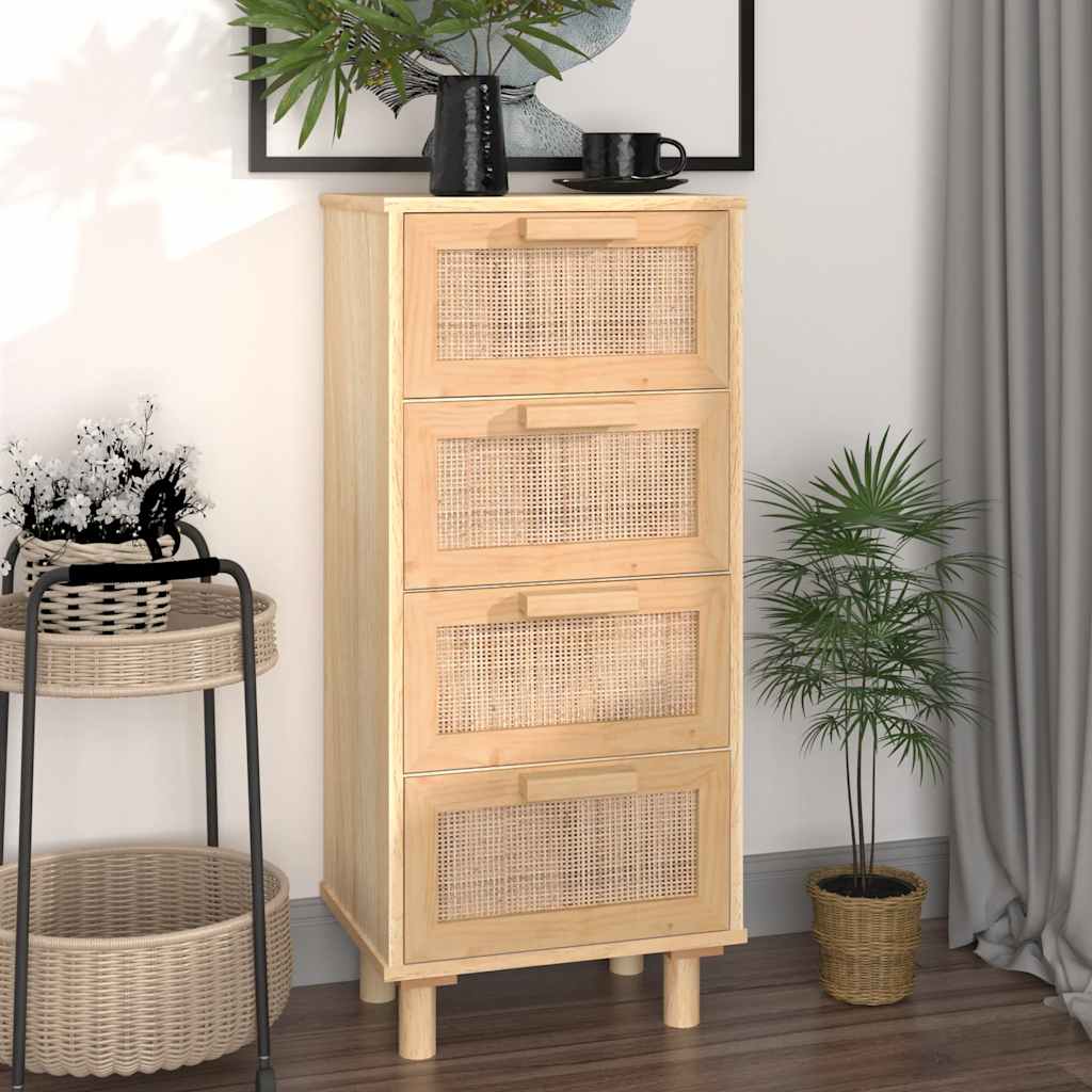 skænk 40x30x90 cm massivt fyrretræ og naturlig rattan brun