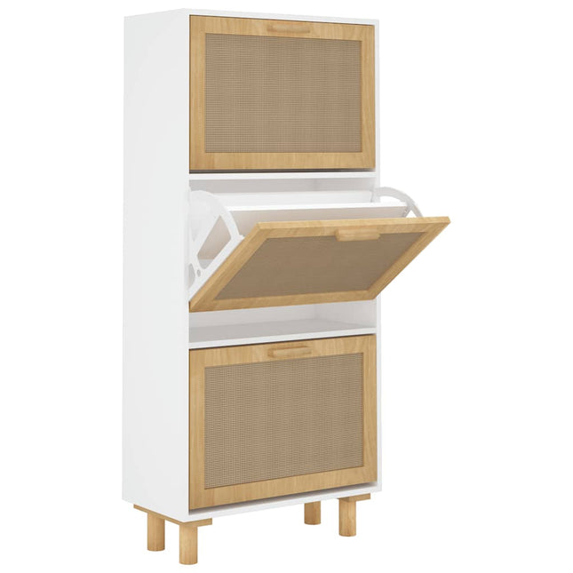 skoskab 52x25x115 cm konstrueret træ og naturlig rattan hvid